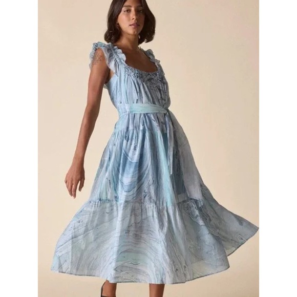 St. Roche NWT Rowena‎ Midi Dress Blue Marble Ruffle Neck Size 6 MSRP $360 - Picture 1 of 7